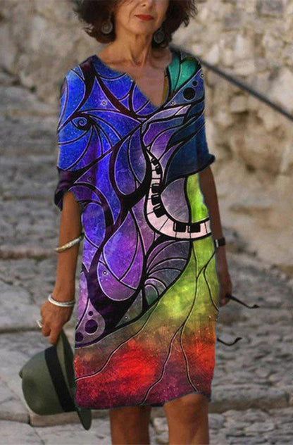 Vestido informal de manga corta con cuello en V y estampado de flores multicolor para mujer