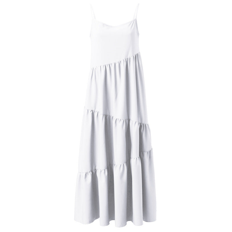 Women Casual Sleeveless Summer Loose Ruffled Solid Color Dress