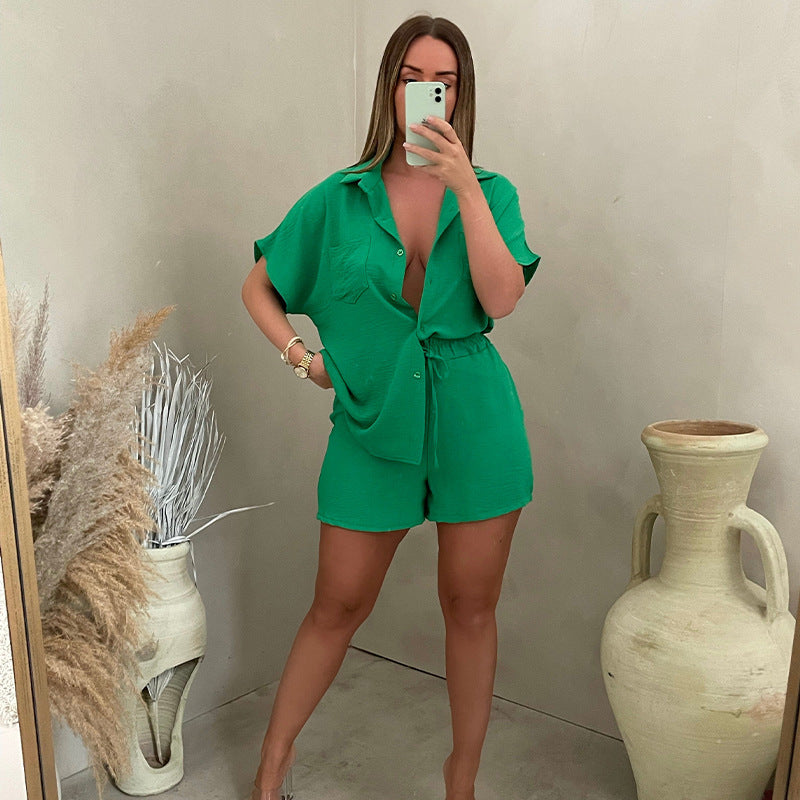Conjunto de dos piezas para mujer, estilo casual, color liso, clásico, con camisa de un solo pecho y cintura elástica