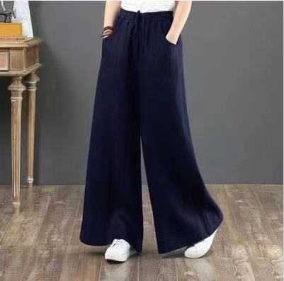 Women Fashion Casual Solid Color Cotton Linen High Waist Wide Leg Pants