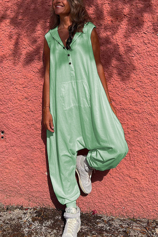 Women'S Fashion Solid Color Casual Hooded Single-Breasted Loose Jumpsuits