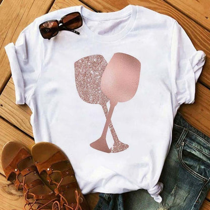 Camiseta holgada informal de manga corta con estampado gráfico de vino para mujer