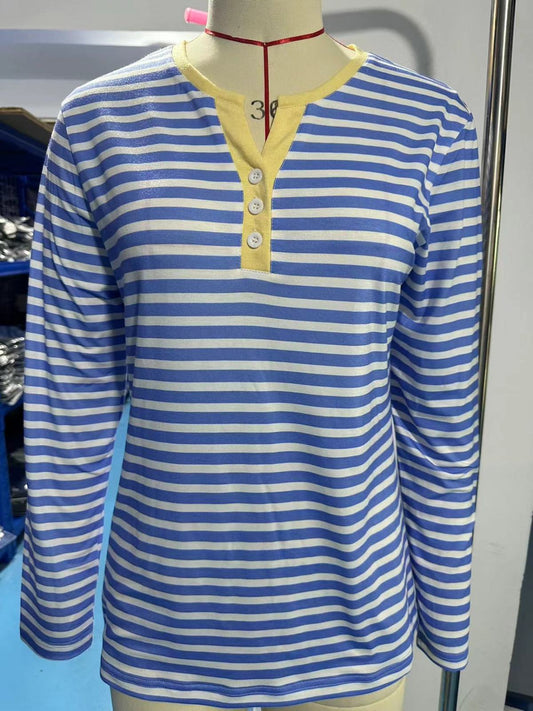 Camiseta informal de verano para mujer con cuello en V y estampado de rayas de manga larga