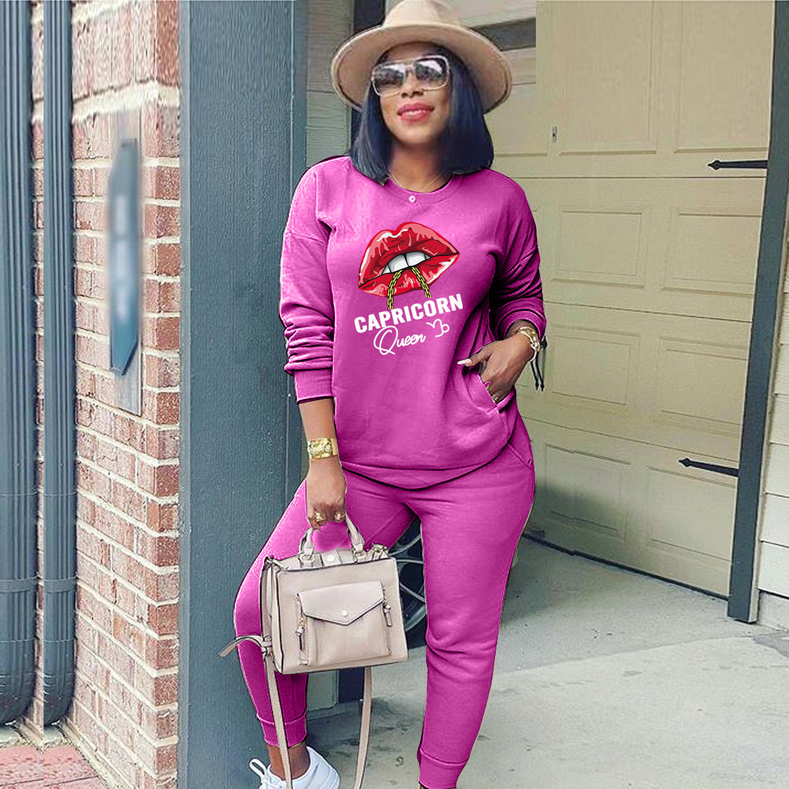 Conjunto deportivo de dos piezas para mujer, moda deportiva, sudadera de manga larga con estampado de labios y letras, pantalones casuales