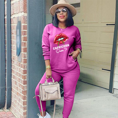 Conjunto deportivo de dos piezas para mujer, moda deportiva, sudadera de manga larga con estampado de labios y letras, pantalones casuales