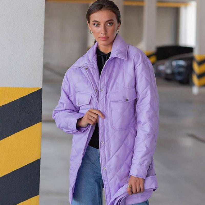 Chaqueta acolchada holgada informal de color liso con mangas largas y solapas cruzadas para mujer