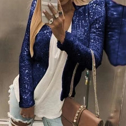 Chaqueta informal elegante de manga larga con lentejuelas de color liso a la moda para mujer