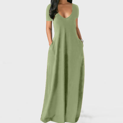 Summer Plus Size Women Basic Solid Color Casual V Neck Short-Sleeved Maxi Dress With Pockets