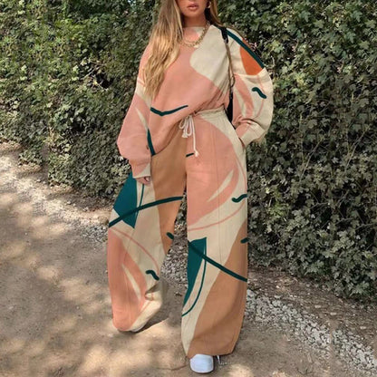 Conjunto de top y pantalón básico de manga larga con cuello redondo y estampado holgado para mujer