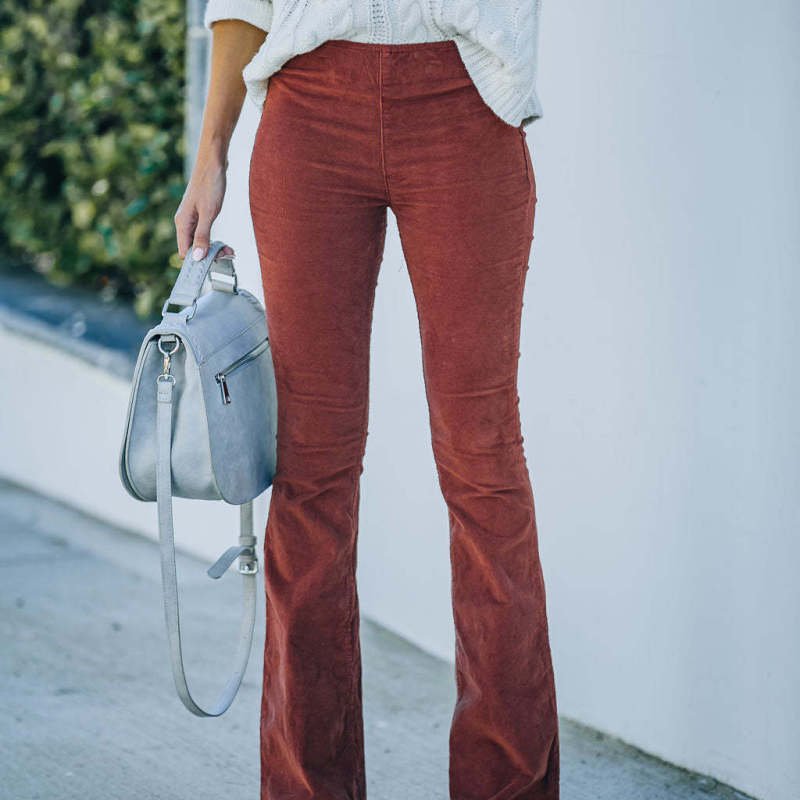 Women Solid Color High Waist Slim Fit Micro-Flare Elastic Waist Casual Pants