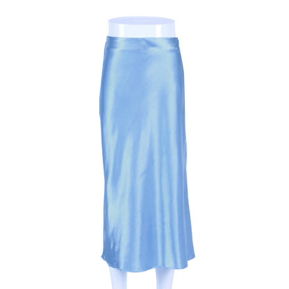 Autumn Spring Women High Waist Satin Slim-Fit Elegant Casual Office Solid Skirt