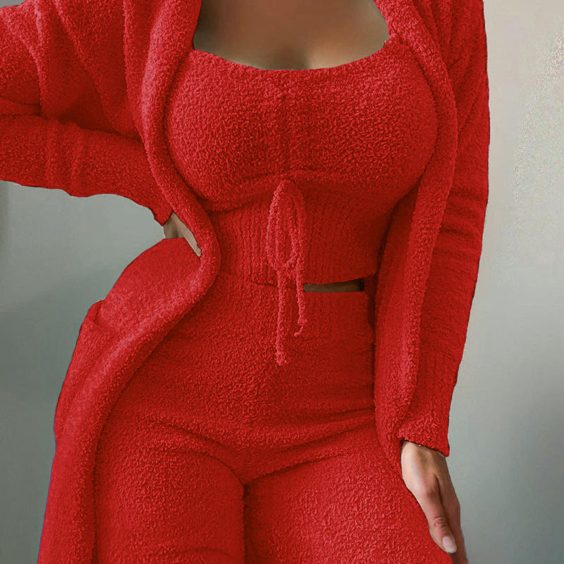 Conjunto de tres piezas de punto informal para mujer, camiseta sin mangas de felpa de color liso de invierno, pantalones y abrigo con cintura elástica