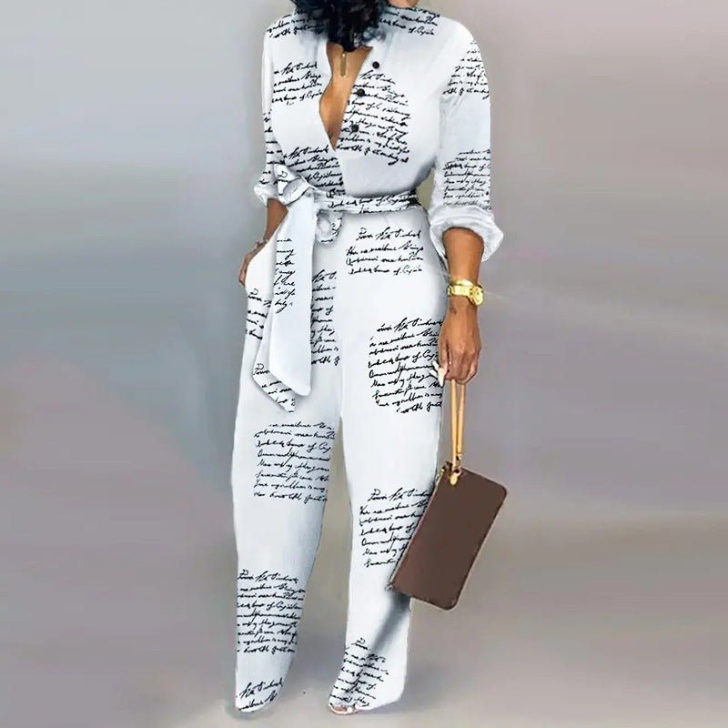 Women Fashion Loose Printed High Waist Casual Straight Jumpsuits