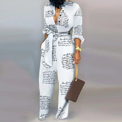 Women Fashion Loose Printed High Waist Casual Straight Jumpsuits