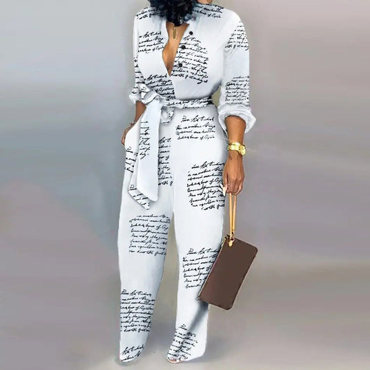 Women Fashion Loose Printed High Waist Casual Straight Jumpsuits