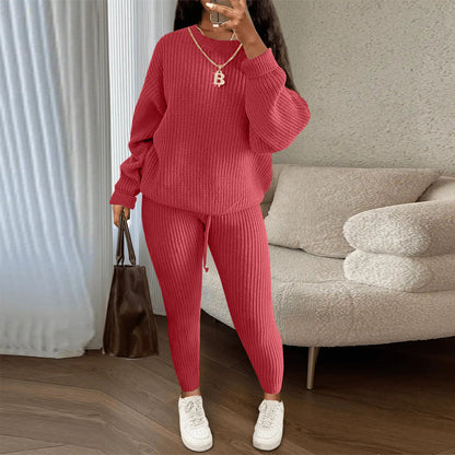 Fashion Casual Women Solid Color Knitted Long Sleeve Sweater And Pants Set