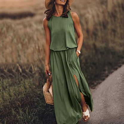 Summer Women Casual Basic Round Neck Sleeveless Side-slit Solid Color Long Dress