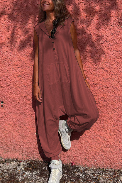 Women'S Fashion Solid Color Casual Hooded Single-Breasted Loose Jumpsuits