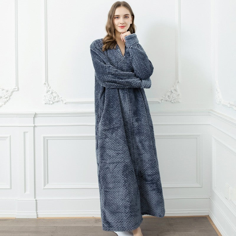 Couples Winter Fashion Casual Home Solid Color Flannel V Neck Long Sleeve Zipper Robes Sleepwear