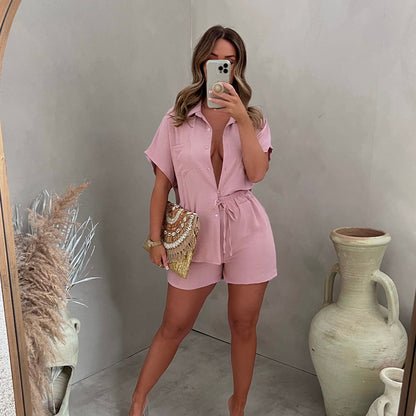 Conjunto de dos piezas para mujer, estilo casual, color liso, clásico, con camisa de un solo pecho y cintura elástica