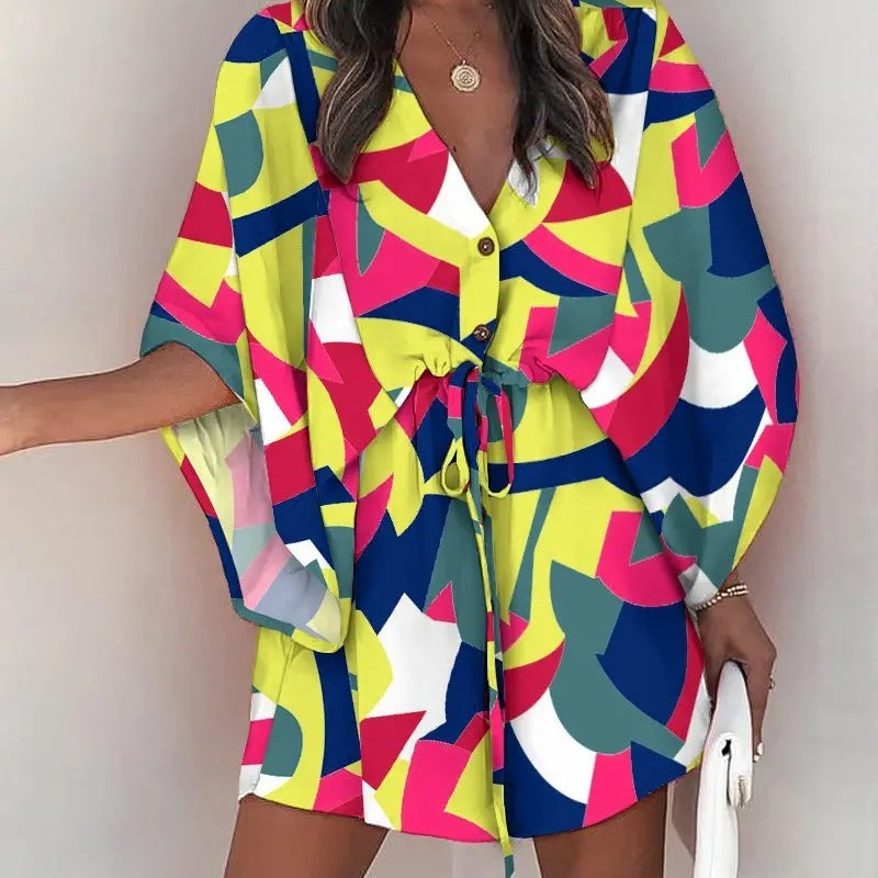 Women Elegant Bohemian Summer Short Sleeves V Neck Casual Bandage Holiday Dress