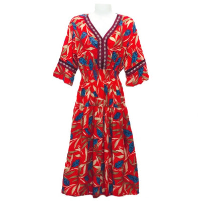 Vestido midi holgado informal de verano con cuello en V y mangas acampanadas para mujer