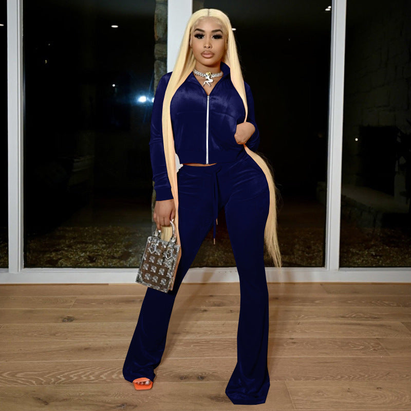 Athleisure Women Solid Color Long Sleeve Navel Top And Flare Pants Casual Two Pieces Set