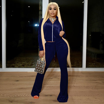 Athleisure Women Solid Color Long Sleeve Navel Top And Flare Pants Casual Two Pieces Set