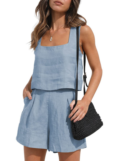 Women Summer Vacation Casual Solid Linen Tank Top And Loose Shorts Set
