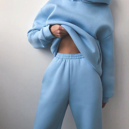 Conjunto de dos piezas de sudadera y pantalón de manga larga grueso de color liso para mujer, informal, de invierno