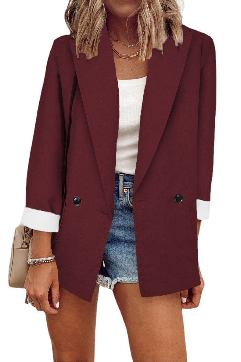 Blazer informal de manga larga con solapa y color liso para mujer