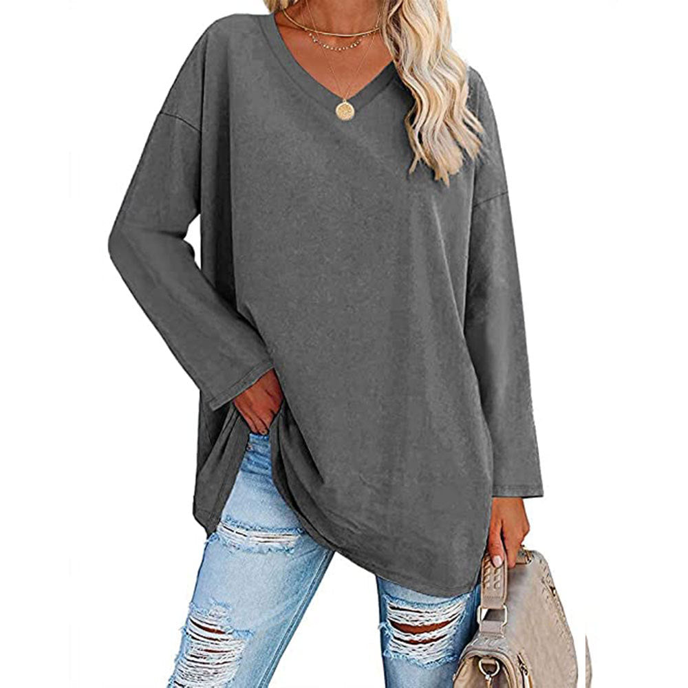 Camiseta informal de manga larga con cuello en V y color liso para mujer