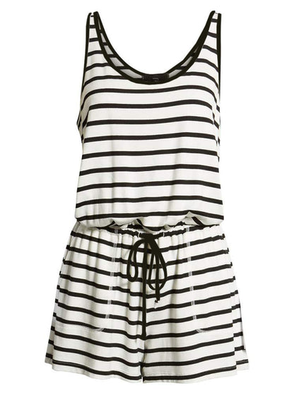 Women Casual Summer Vacation Solid Color U Neck Drawstring Loose Sleeveless Rompers