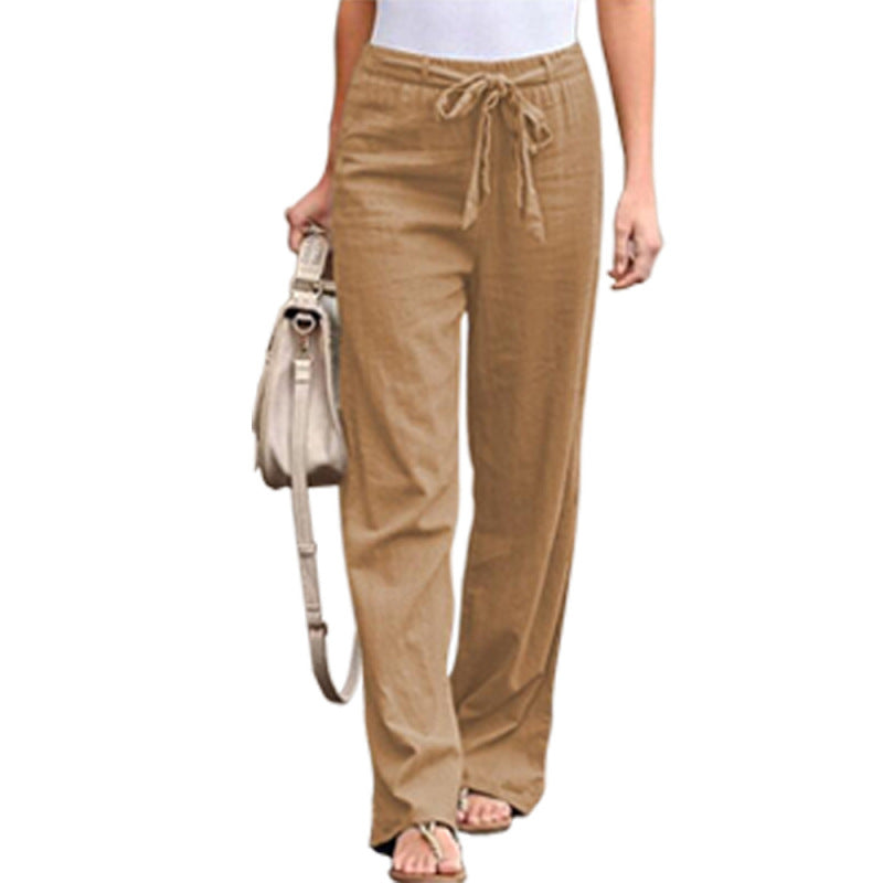 Women Solid Color Linen High Waist Lace Up Wide Leg Casual Pants