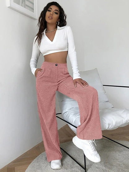 Women Solid Color Button High Waist Casual Loose Wide Leg Pants