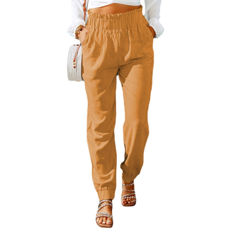 Women Ruffled Elastic Belt Mid Waist Solid Color Casual Jogger Pants