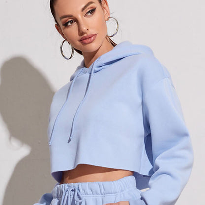 Sudadera corta básica informal de polar de color liso con mangas largas para mujer