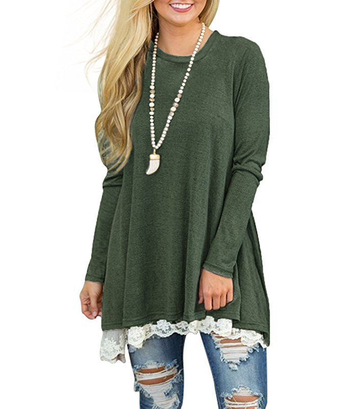 Vestido informal de manga larga con encaje de color liso para mujer