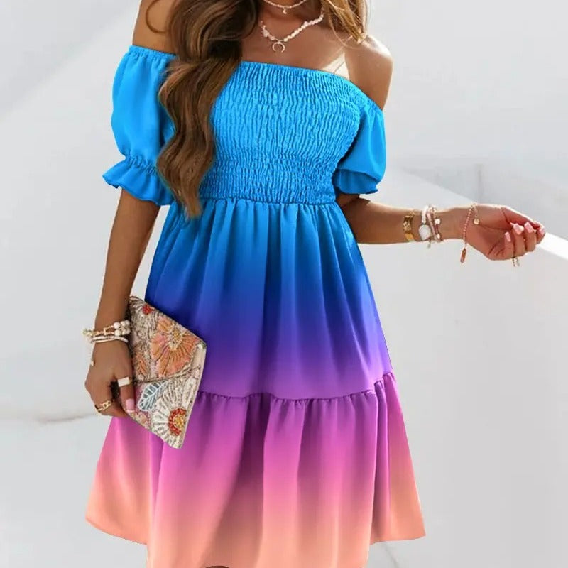 Vestido informal de manga corta con volantes y hombros descubiertos para mujer, estilo arcoíris