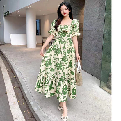 Women Vacation Casual Retro Multicolor Square Neck Printed Waist Puff Sleeve Dress