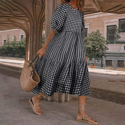 Summer Women Casual Bohemian Short Sleeves Polka Dot Print Loose Ruffle Dress