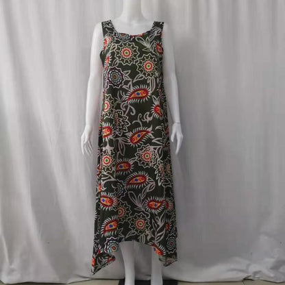 Vestido informal sin mangas con cuello redondo y estampado de plantas para mujer