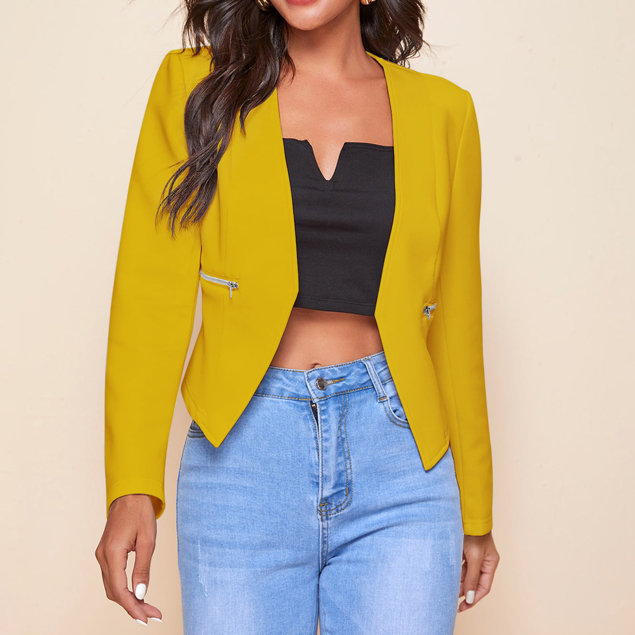 Women'S Casual Basic Zipper Solid Color Long Sleeve Pocket Blazer