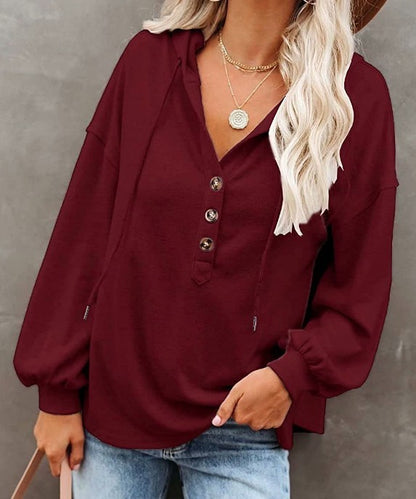 Women Casual Solid Color Long Sleeves Hooded Loose Solid Color Top
