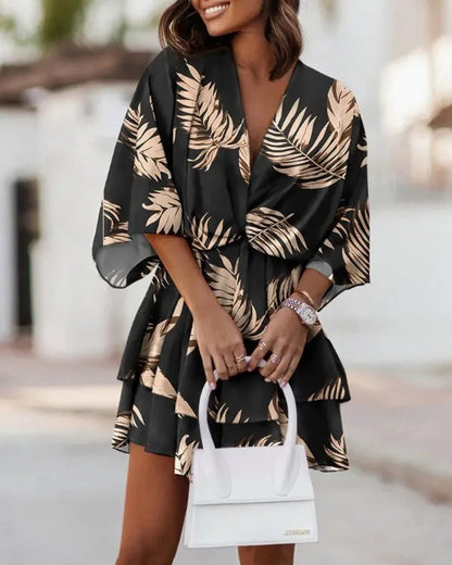 Women Fashion Casual Boho Style V-Neck Loose Dolman Sleeve Graphic Printed Dress