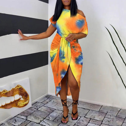 Women Slanted Shoulder Printed Short Sleeve Neck Waist Irregular Casual Dress