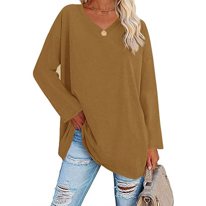 Camiseta informal de manga larga con cuello en V y color liso para mujer