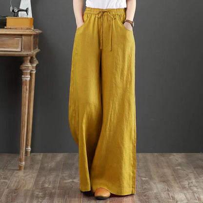 Women Fashion Casual Solid Color Cotton Linen High Waist Wide Leg Pants