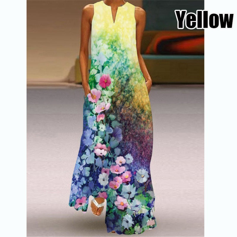 Women Plus Size Casual Fashion Boho Style Floral Heart Print Sleeveless Maxi Loose Dress