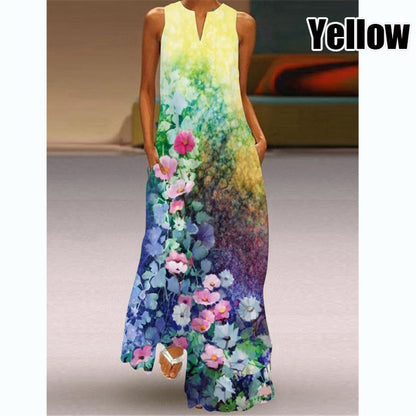 Women Plus Size Casual Fashion Boho Style Floral Heart Print Sleeveless Maxi Loose Dress